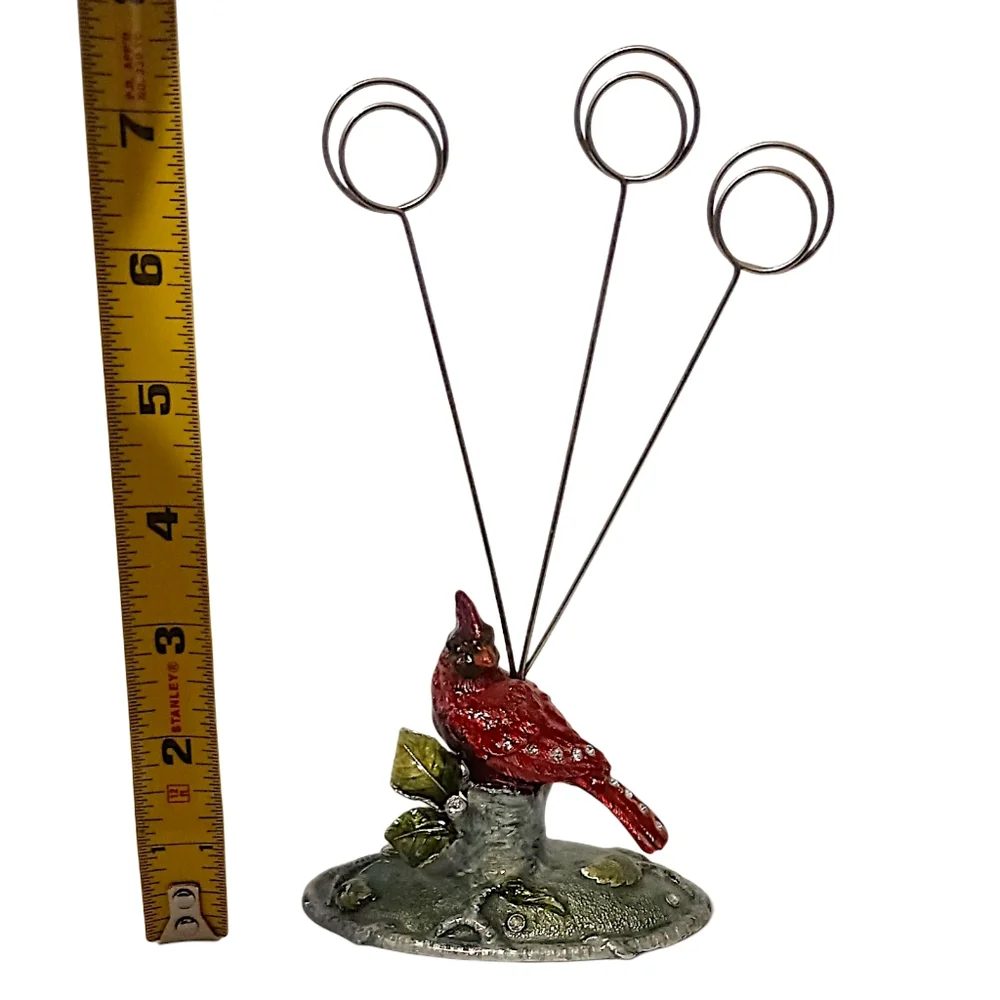 Cardinal Jeweled Enameled Photo Holder Paperweight Wired Metal Card‎ Picture Vtg